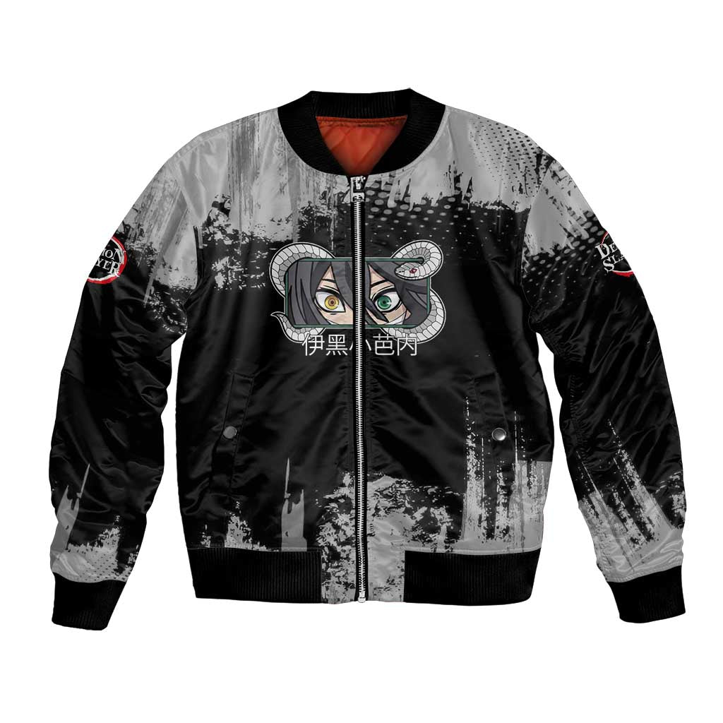 Obanai Iguro Demon Slayer Monochrome Bomber Jacket Design with Snake and Grunge Texture - The Mazicc