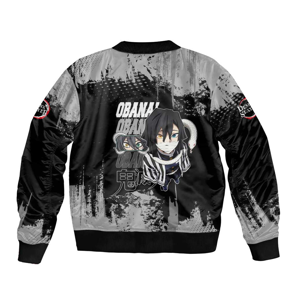 Obanai Iguro Demon Slayer Monochrome Bomber Jacket Design with Snake and Grunge Texture - The Mazicc