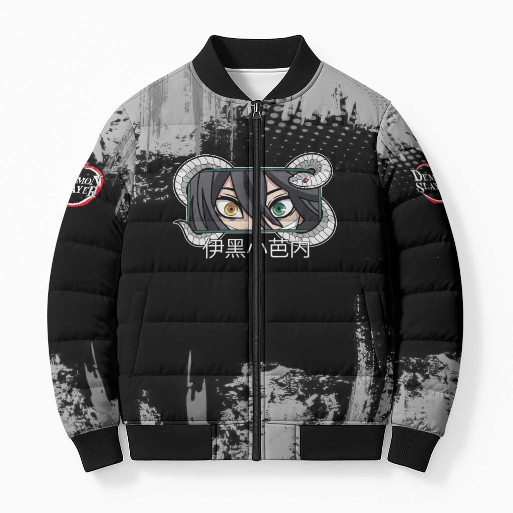 Obanai Iguro Demon Slayer Monochrome Bomber Puffer Jacket Design with Snake and Grunge Texture - The Mazicc