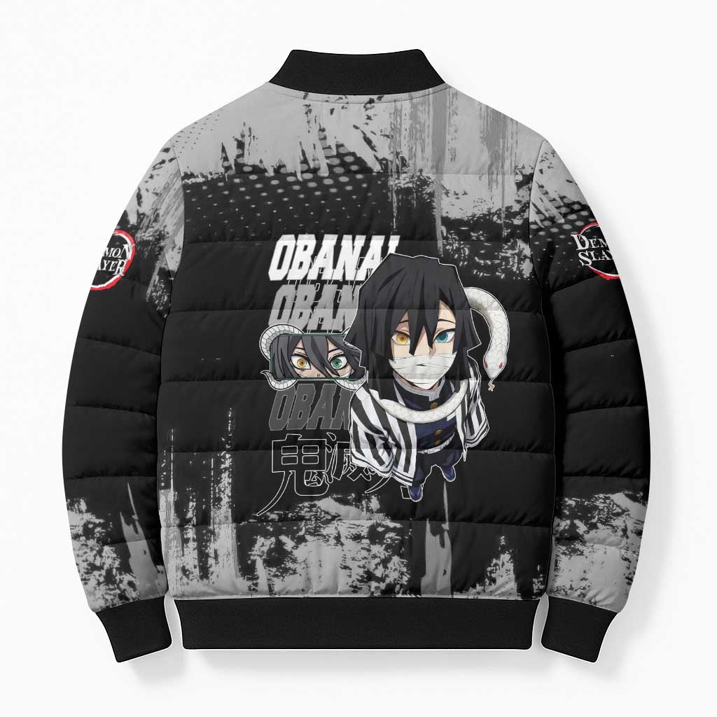 Obanai Iguro Demon Slayer Monochrome Bomber Puffer Jacket Design with Snake and Grunge Texture - The Mazicc