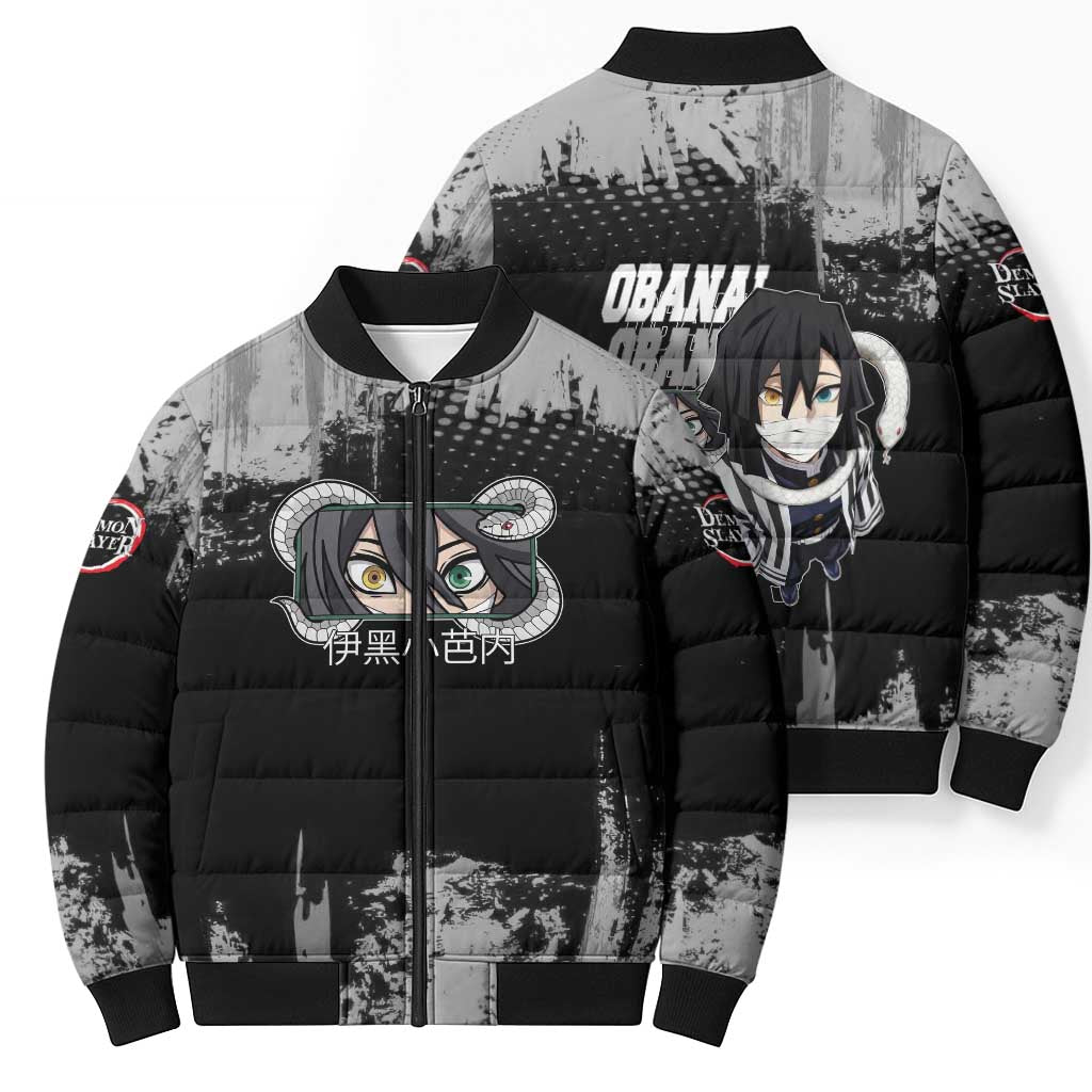 Obanai Iguro Demon Slayer Monochrome Bomber Puffer Jacket Design with Snake and Grunge Texture - The Mazicc