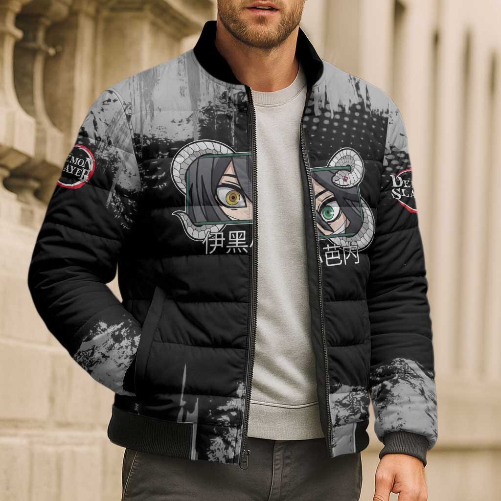 Obanai Iguro Demon Slayer Monochrome Bomber Puffer Jacket Design with Snake and Grunge Texture - The Mazicc