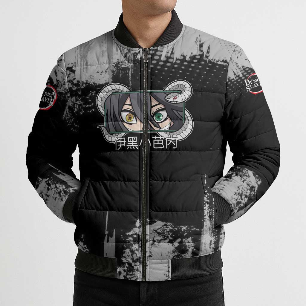 Obanai Iguro Demon Slayer Monochrome Bomber Puffer Jacket Design with Snake and Grunge Texture - The Mazicc