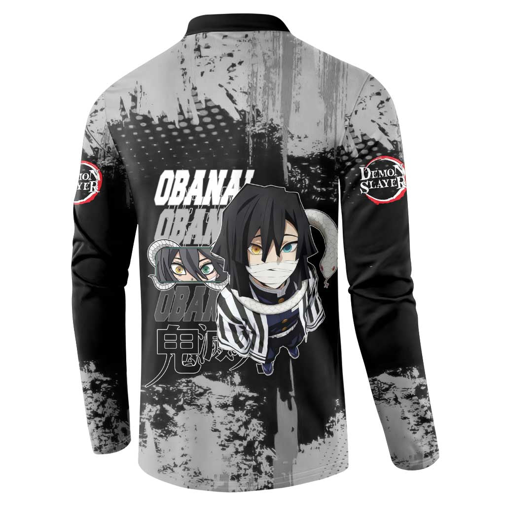 Obanai Iguro Demon Slayer Monochrome Button Sweatshirt Design with Snake and Grunge Texture - The Mazicc
