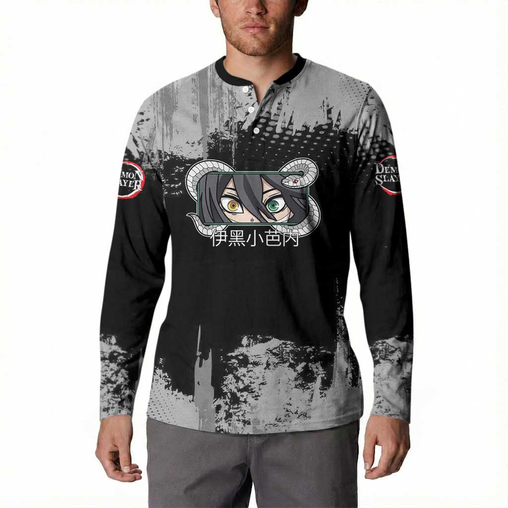 Obanai Iguro Demon Slayer Monochrome Button Sweatshirt Design with Snake and Grunge Texture - The Mazicc