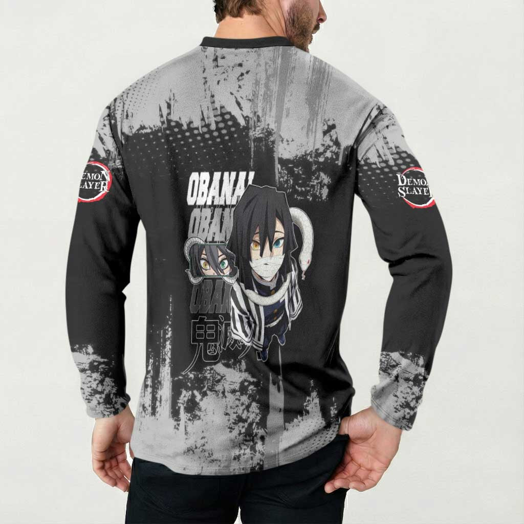 Obanai Iguro Demon Slayer Monochrome Button Sweatshirt Design with Snake and Grunge Texture - The Mazicc
