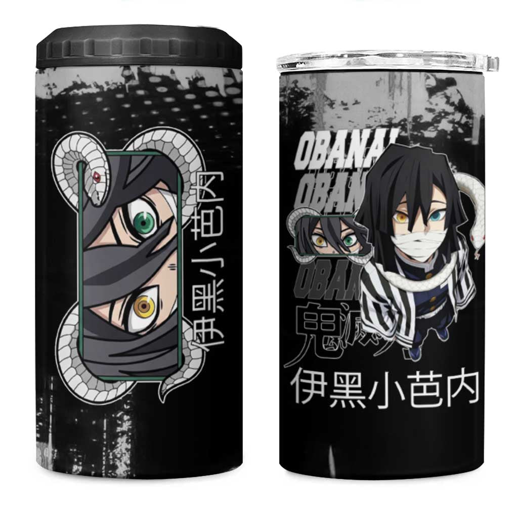 Obanai Iguro Demon Slayer Monochrome 4 in 1 Can Cooler Tumbler Design with Snake and Grunge Texture - The Mazicc