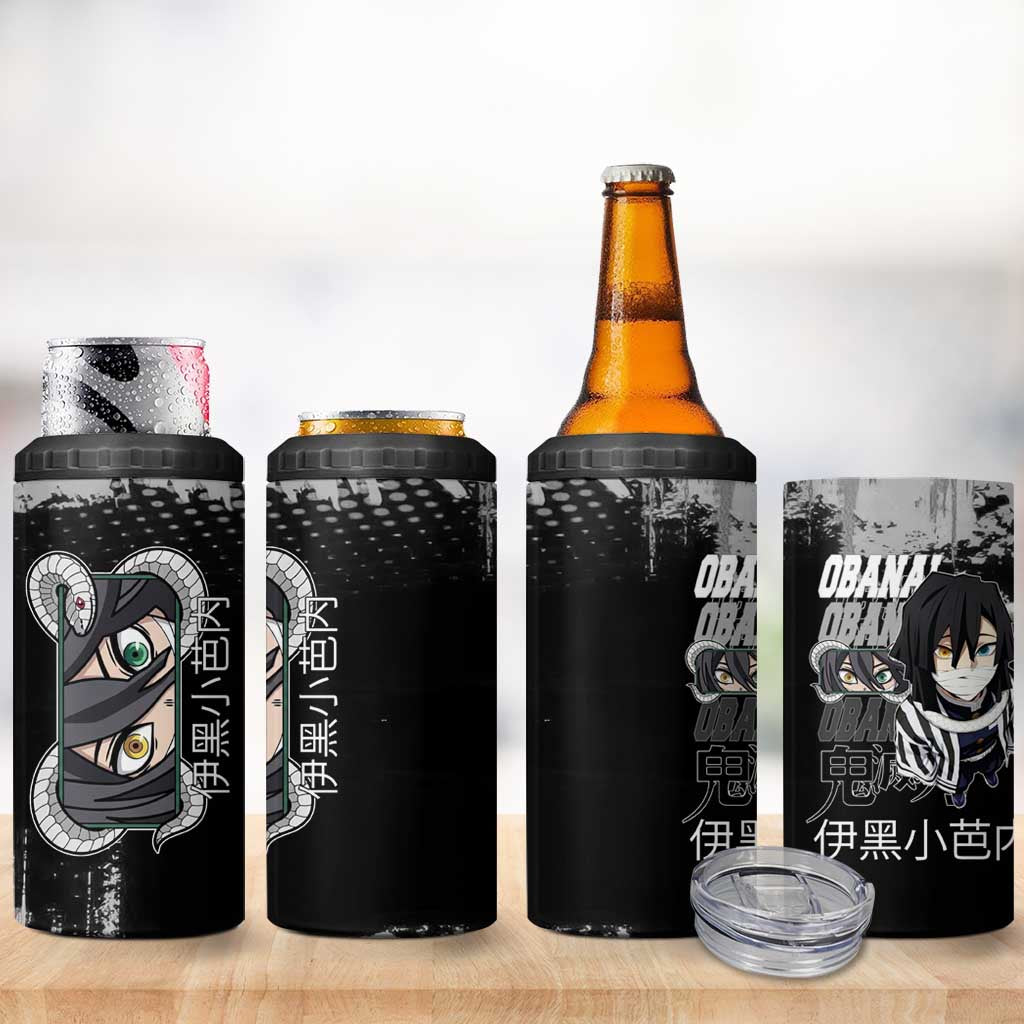 Obanai Iguro Demon Slayer Monochrome 4 in 1 Can Cooler Tumbler Design with Snake and Grunge Texture - The Mazicc