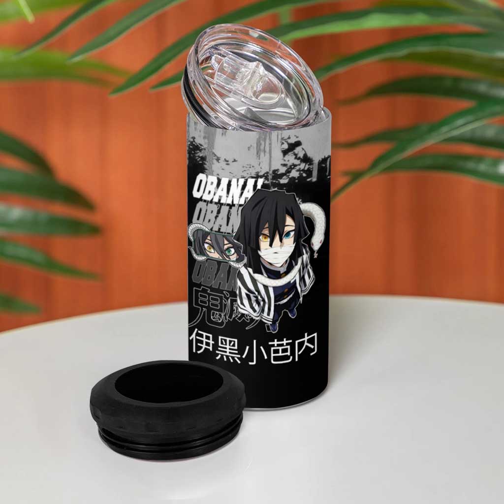 Obanai Iguro Demon Slayer Monochrome 4 in 1 Can Cooler Tumbler Design with Snake and Grunge Texture - The Mazicc