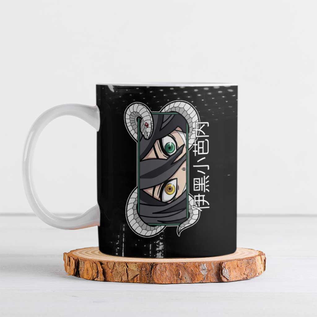 Obanai Iguro Demon Slayer Monochrome Ceramic Mug Design with Snake and Grunge Texture - The Mazicc