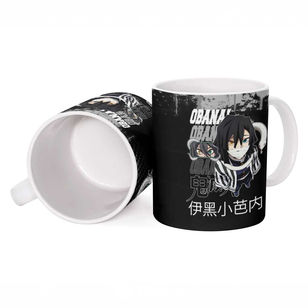 Obanai Iguro Demon Slayer Monochrome Ceramic Mug Design with Snake and Grunge Texture - The Mazicc