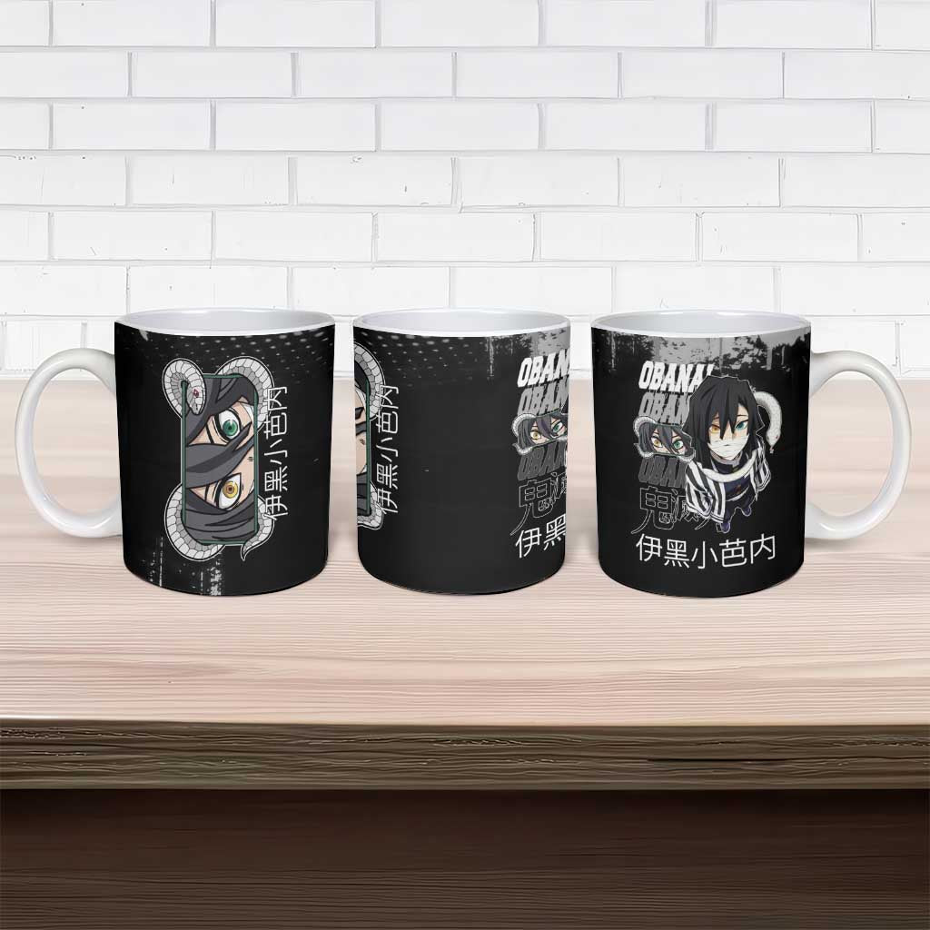 Obanai Iguro Demon Slayer Monochrome Ceramic Mug Design with Snake and Grunge Texture - The Mazicc