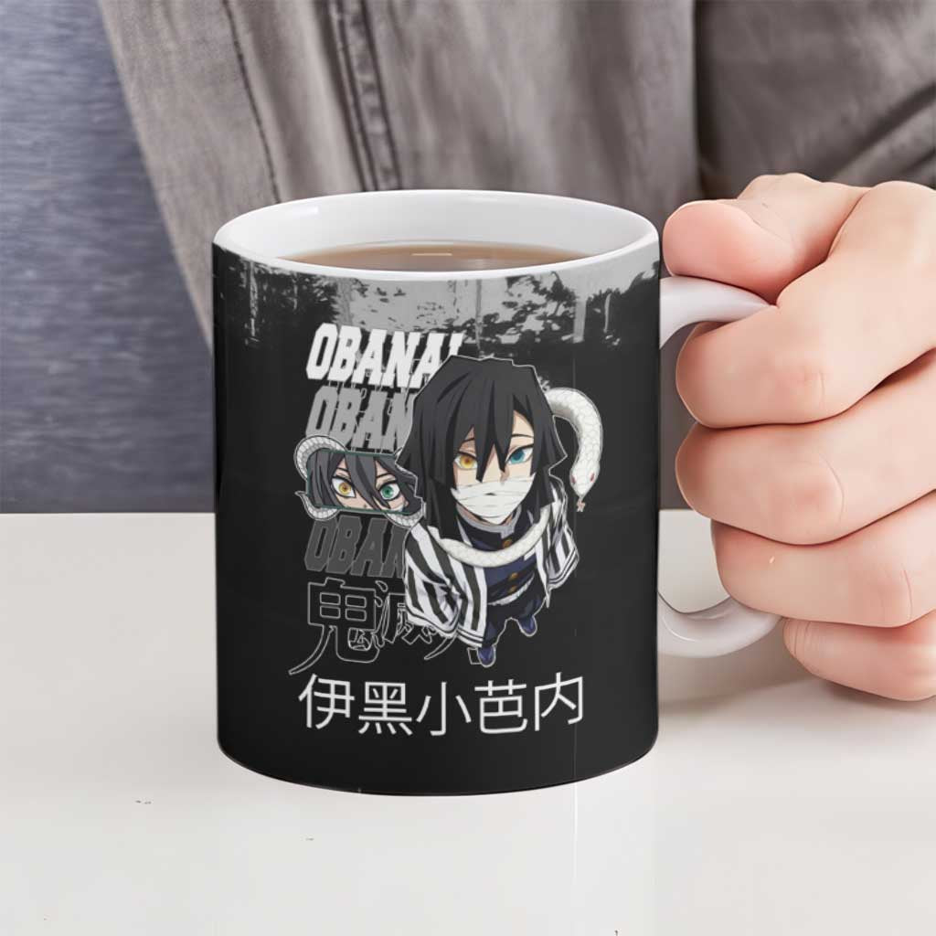 Obanai Iguro Demon Slayer Monochrome Ceramic Mug Design with Snake and Grunge Texture - The Mazicc
