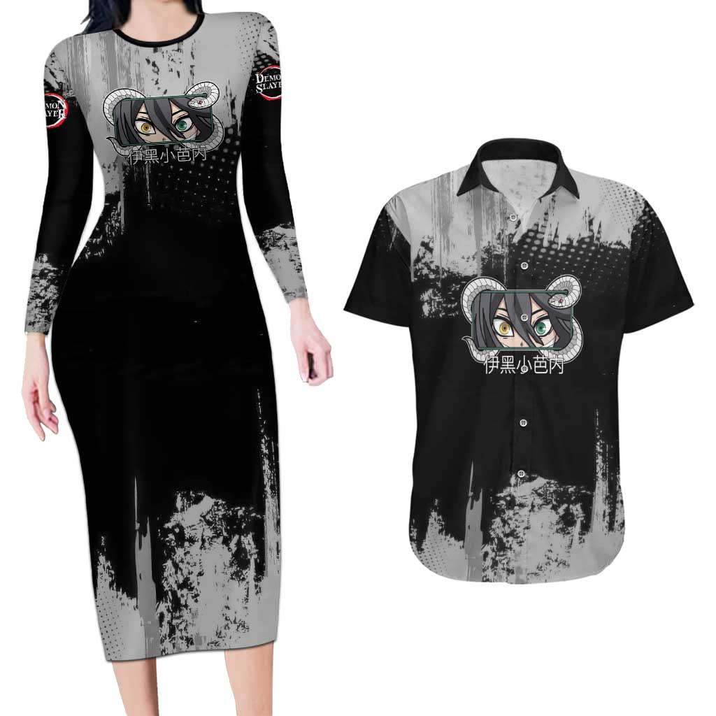 Obanai Iguro Demon Slayer Monochrome Couples Matching Long Sleeve Bodycon Dress and Hawaiian Shirt Design with Snake and Grunge Texture - The Mazicc