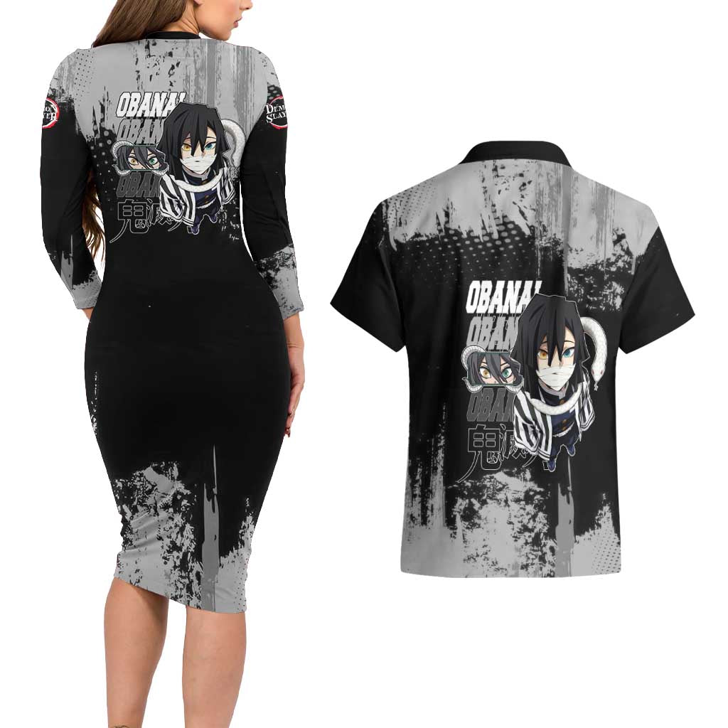 Obanai Iguro Demon Slayer Monochrome Couples Matching Long Sleeve Bodycon Dress and Hawaiian Shirt Design with Snake and Grunge Texture - The Mazicc