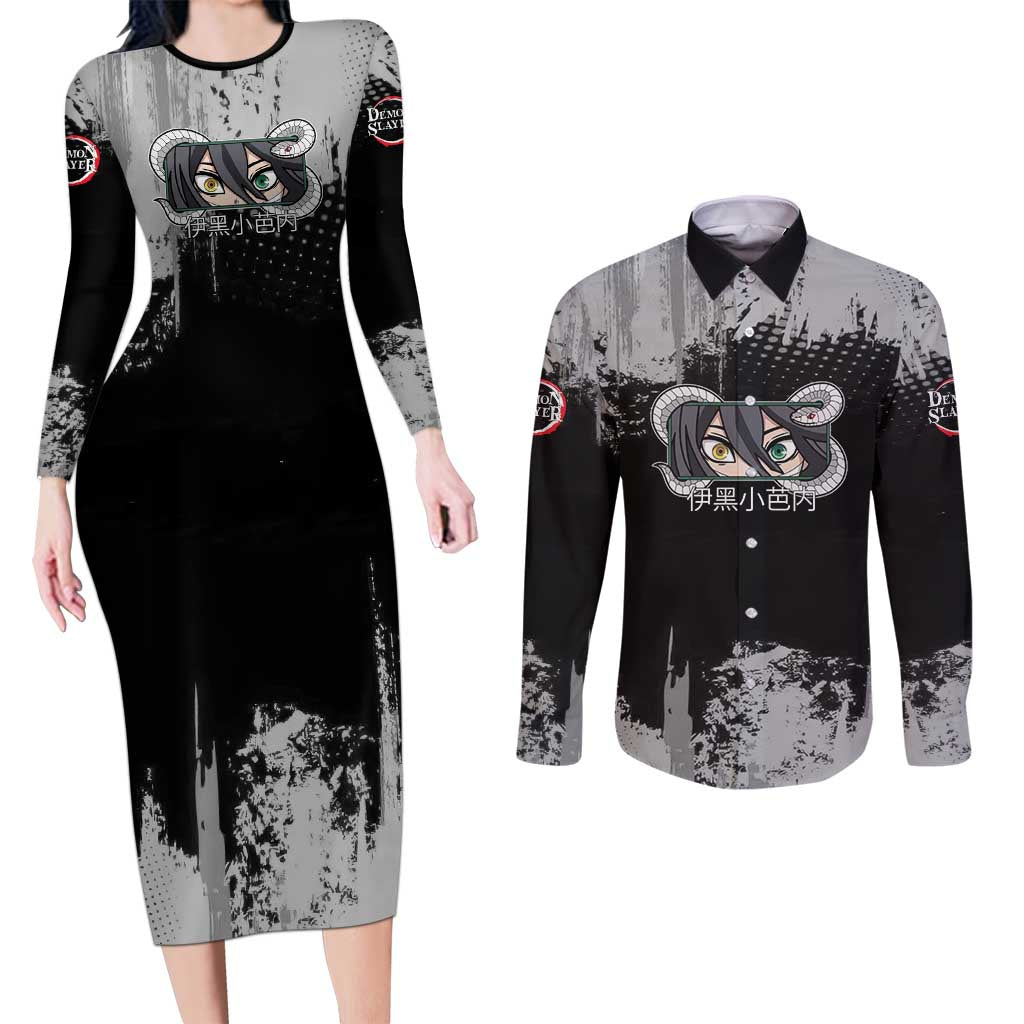 Obanai Iguro Demon Slayer Monochrome Couples Matching Long Sleeve Bodycon Dress and Long Sleeve Button Shirt Design with Snake and Grunge Texture - The Mazicc
