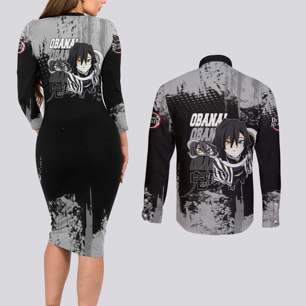 Obanai Iguro Demon Slayer Monochrome Couples Matching Long Sleeve Bodycon Dress and Long Sleeve Button Shirt Design with Snake and Grunge Texture - The Mazicc
