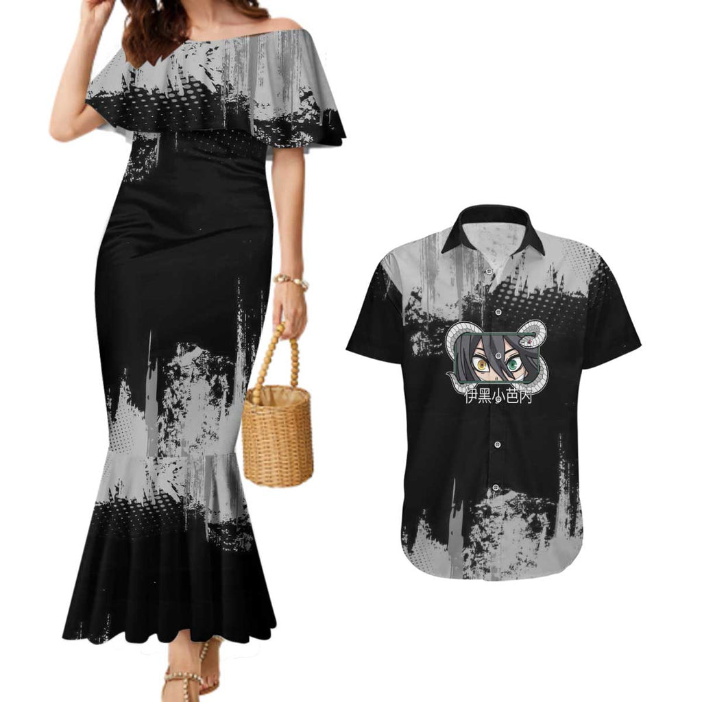 Obanai Iguro Demon Slayer Monochrome Couples Matching Mermaid Dress and Hawaiian Shirt Design with Snake and Grunge Texture - The Mazicc