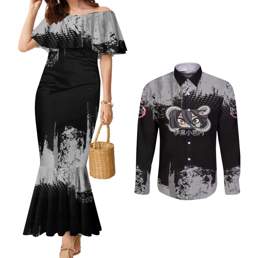 Obanai Iguro Demon Slayer Monochrome Couples Matching Mermaid Dress and Long Sleeve Button Shirt Design with Snake and Grunge Texture - The Mazicc