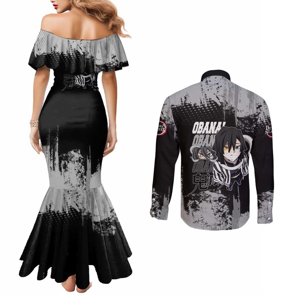 Obanai Iguro Demon Slayer Monochrome Couples Matching Mermaid Dress and Long Sleeve Button Shirt Design with Snake and Grunge Texture - The Mazicc