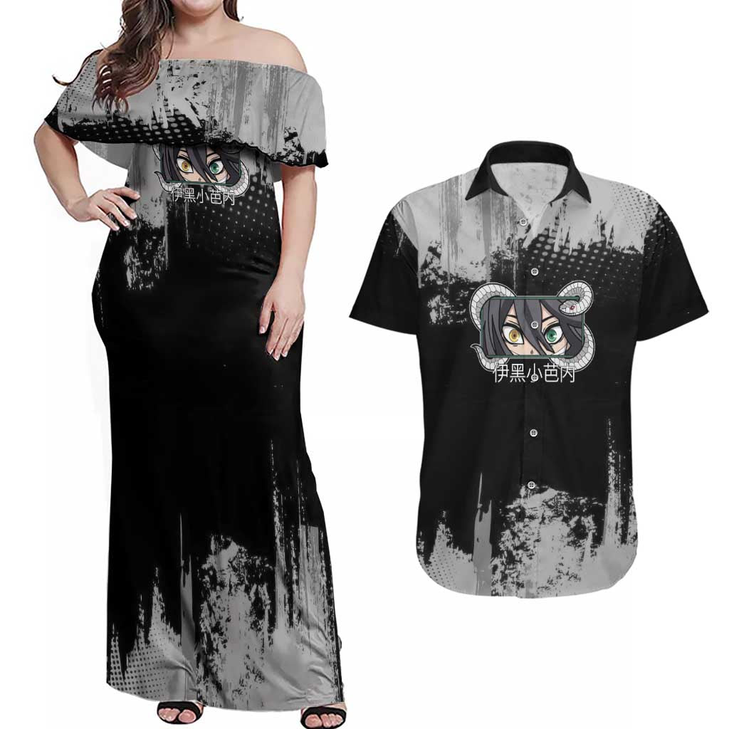 Obanai Iguro Demon Slayer Monochrome Couples Matching Off Shoulder Maxi Dress and Hawaiian Shirt Design with Snake and Grunge Texture - The Mazicc