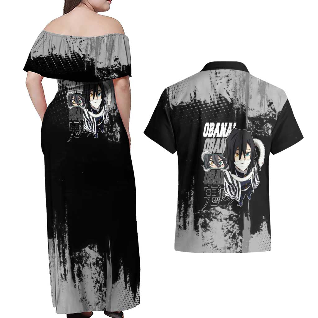 Obanai Iguro Demon Slayer Monochrome Couples Matching Off Shoulder Maxi Dress and Hawaiian Shirt Design with Snake and Grunge Texture - The Mazicc