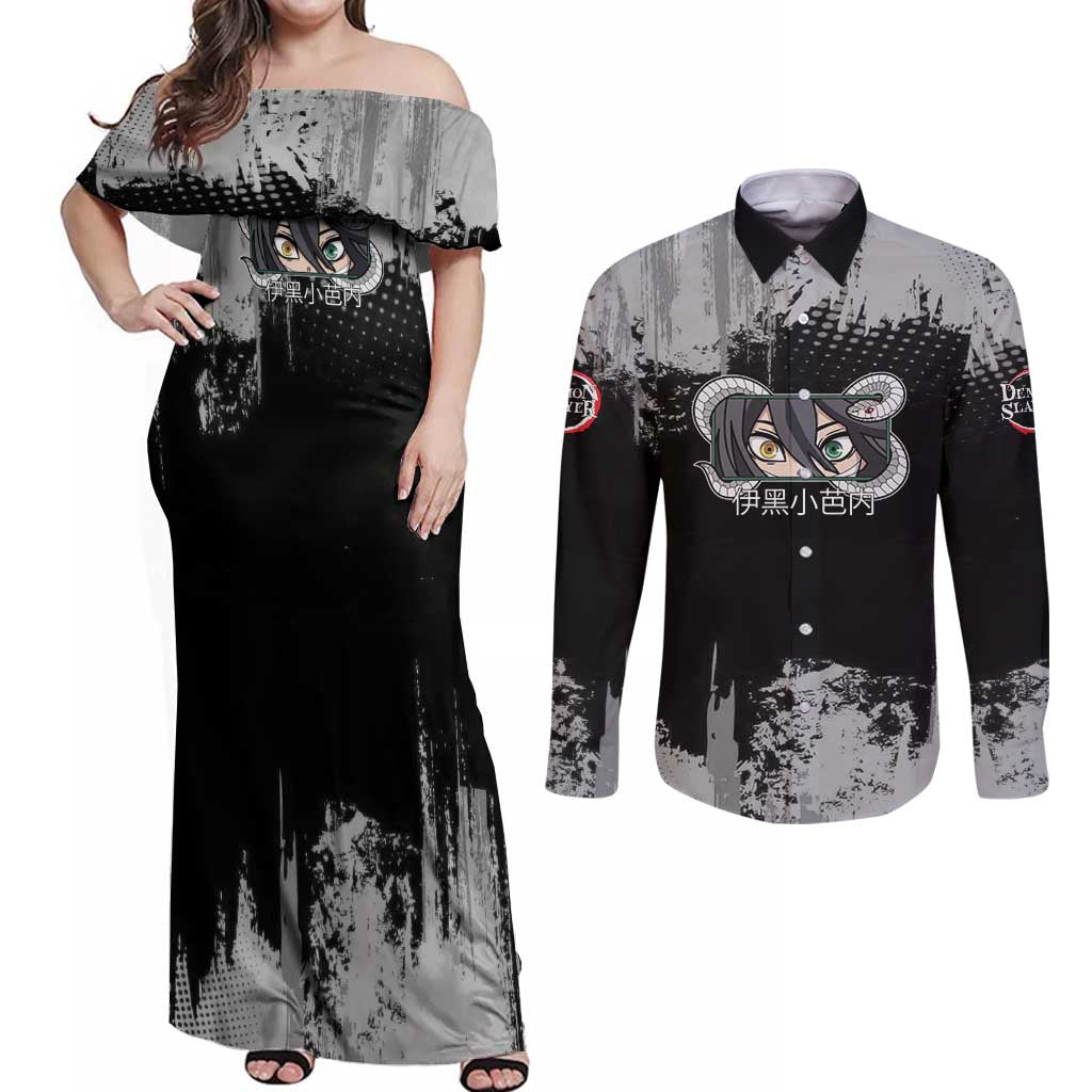 Obanai Iguro Demon Slayer Monochrome Couples Matching Off Shoulder Maxi Dress and Long Sleeve Button Shirt Design with Snake and Grunge Texture - The Mazicc
