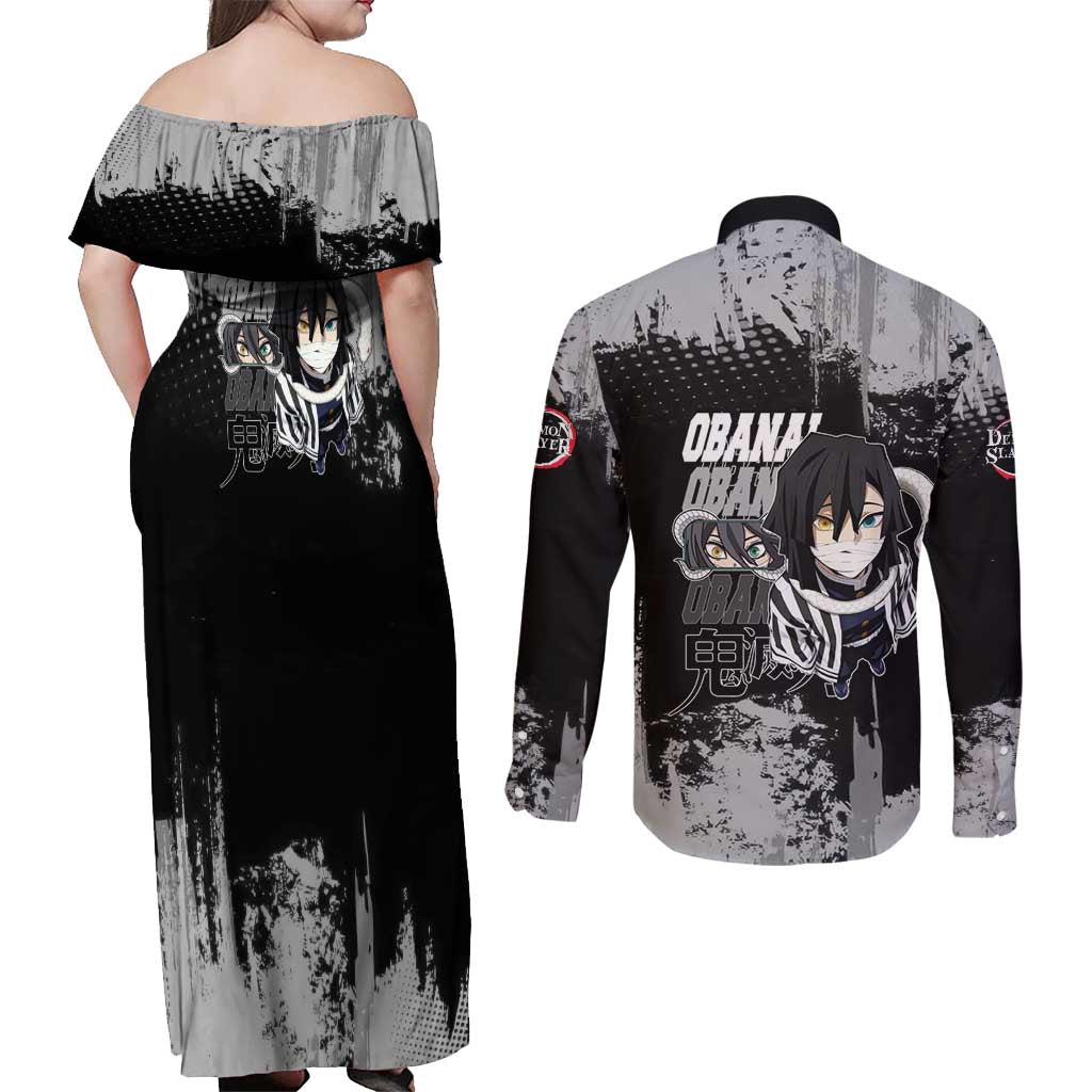 Obanai Iguro Demon Slayer Monochrome Couples Matching Off Shoulder Maxi Dress and Long Sleeve Button Shirt Design with Snake and Grunge Texture - The Mazicc