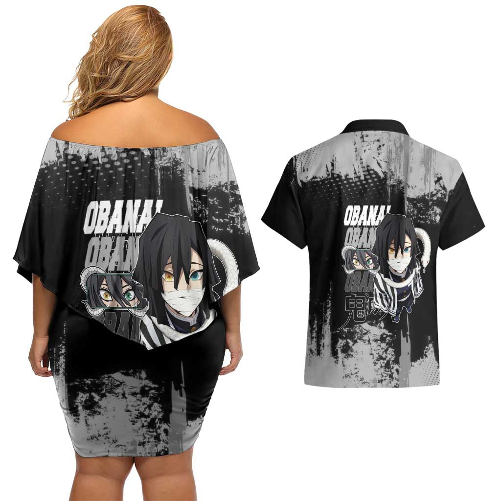 Obanai Iguro Demon Slayer Monochrome Couples Matching Off Shoulder Short Dress and Hawaiian Shirt Design with Snake and Grunge Texture - The Mazicc