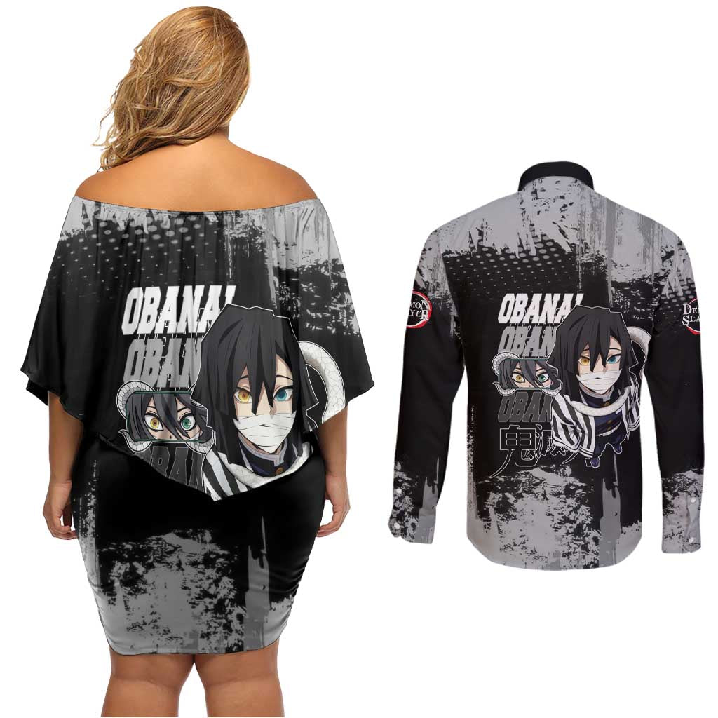 Obanai Iguro Demon Slayer Monochrome Couples Matching Off Shoulder Short Dress and Long Sleeve Button Shirt Design with Snake and Grunge Texture - The Mazicc
