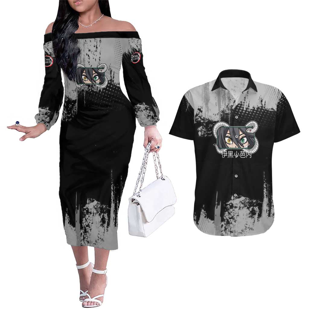 Obanai Iguro Demon Slayer Monochrome Couples Matching Off The Shoulder Long Sleeve Dress and Hawaiian Shirt Design with Snake and Grunge Texture - The Mazicc