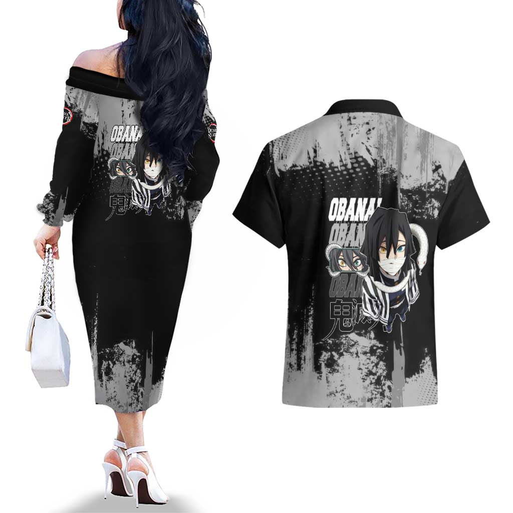 Obanai Iguro Demon Slayer Monochrome Couples Matching Off The Shoulder Long Sleeve Dress and Hawaiian Shirt Design with Snake and Grunge Texture - The Mazicc