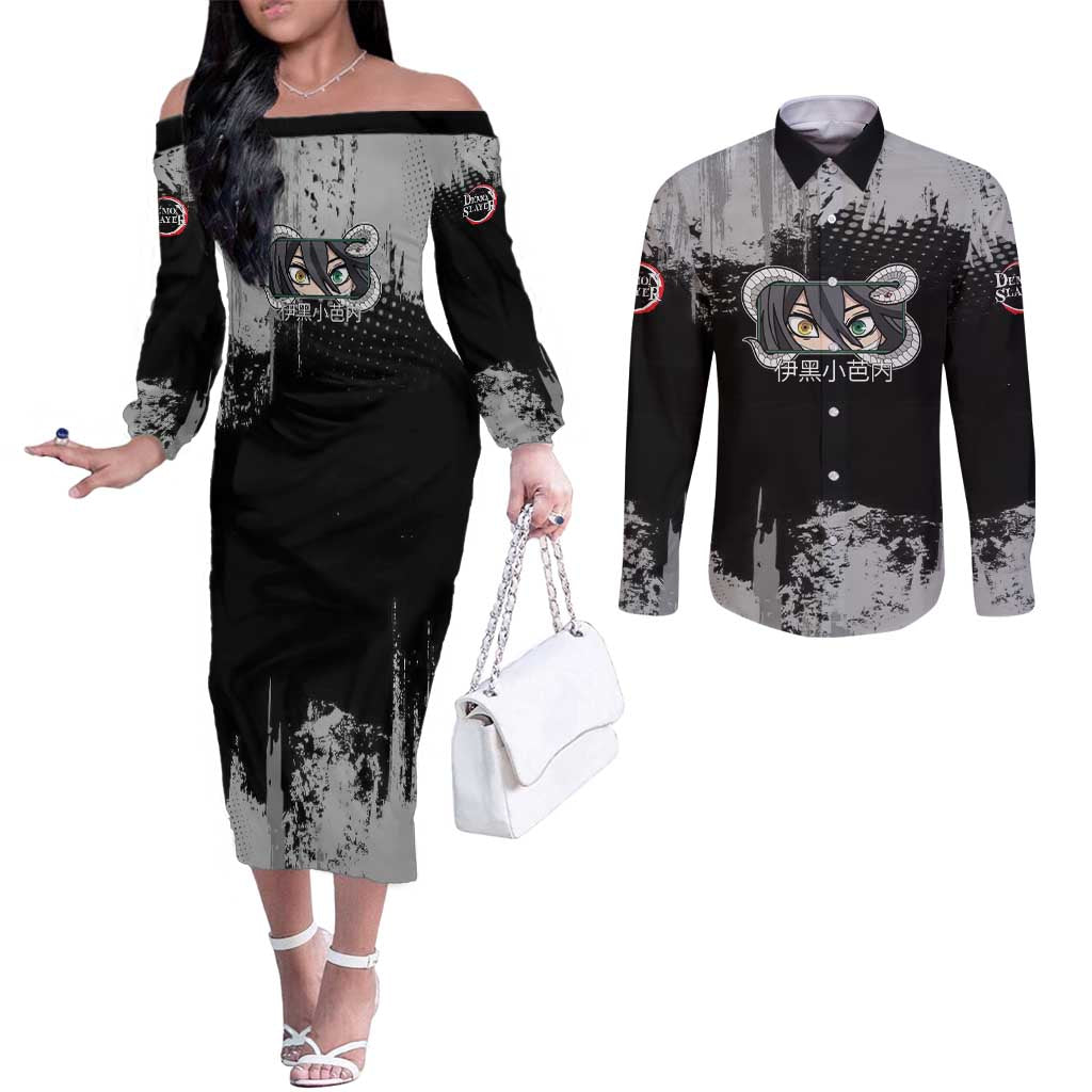 Obanai Iguro Demon Slayer Monochrome Couples Matching Off The Shoulder Long Sleeve Dress and Long Sleeve Button Shirt Design with Snake and Grunge Texture - The Mazicc