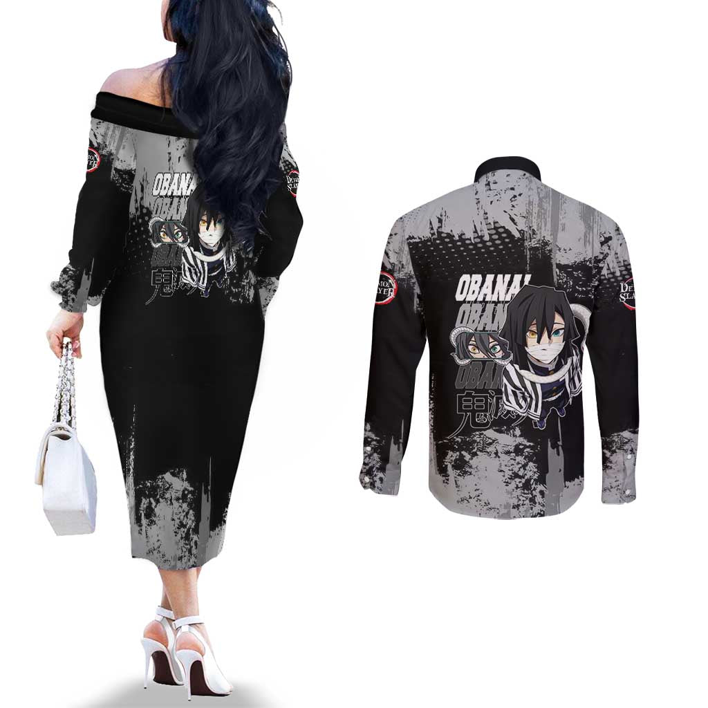 Obanai Iguro Demon Slayer Monochrome Couples Matching Off The Shoulder Long Sleeve Dress and Long Sleeve Button Shirt Design with Snake and Grunge Texture - The Mazicc