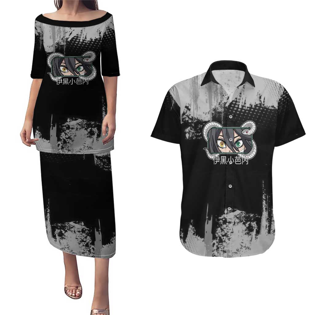 Obanai Iguro Demon Slayer Monochrome Couples Matching Puletasi and Hawaiian Shirt Design with Snake and Grunge Texture - The Mazicc
