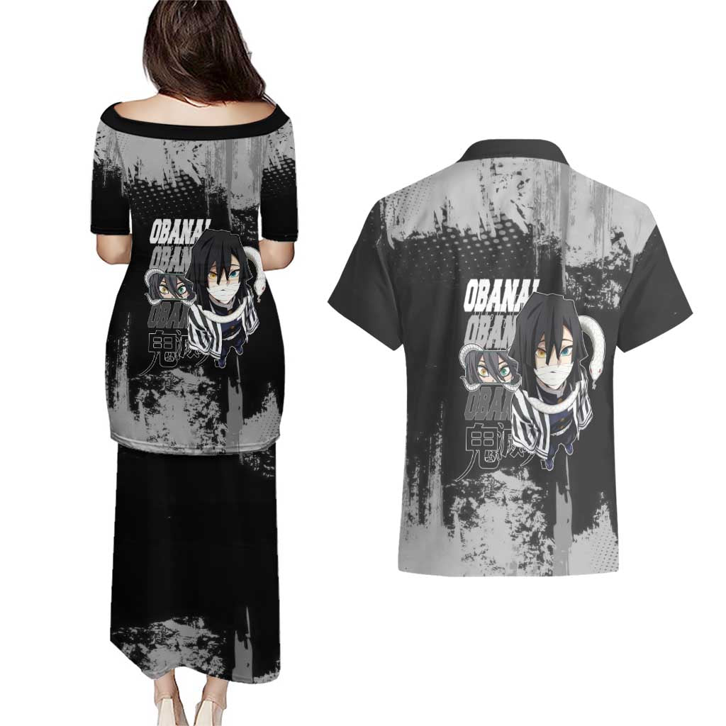 Obanai Iguro Demon Slayer Monochrome Couples Matching Puletasi and Hawaiian Shirt Design with Snake and Grunge Texture - The Mazicc