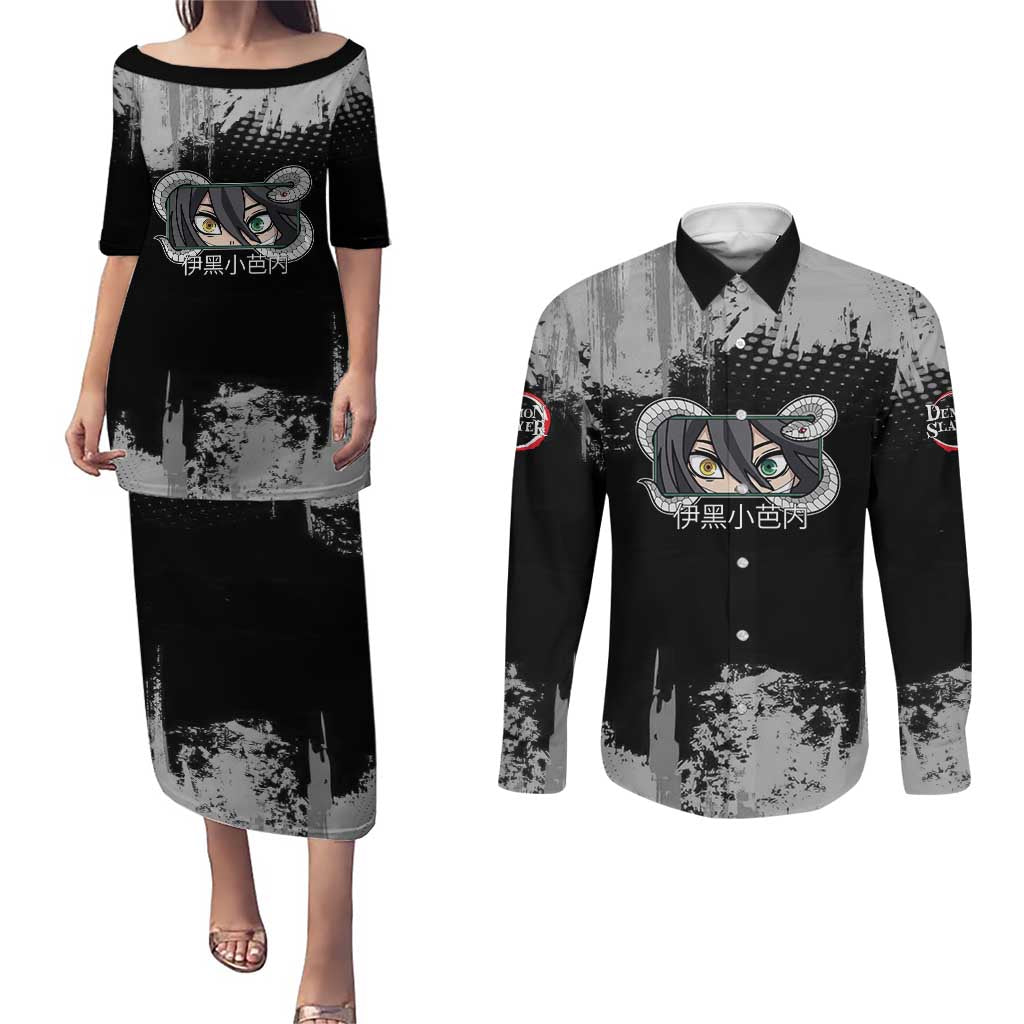 Obanai Iguro Demon Slayer Monochrome Couples Matching Puletasi and Long Sleeve Button Shirt Design with Snake and Grunge Texture - The Mazicc