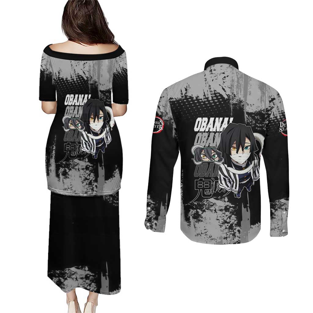 Obanai Iguro Demon Slayer Monochrome Couples Matching Puletasi and Long Sleeve Button Shirt Design with Snake and Grunge Texture - The Mazicc