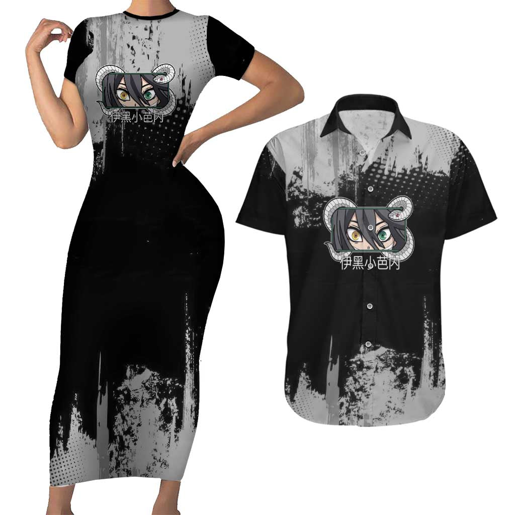 Obanai Iguro Demon Slayer Monochrome Couples Matching Short Sleeve Bodycon Dress and Hawaiian Shirt Design with Snake and Grunge Texture - The Mazicc