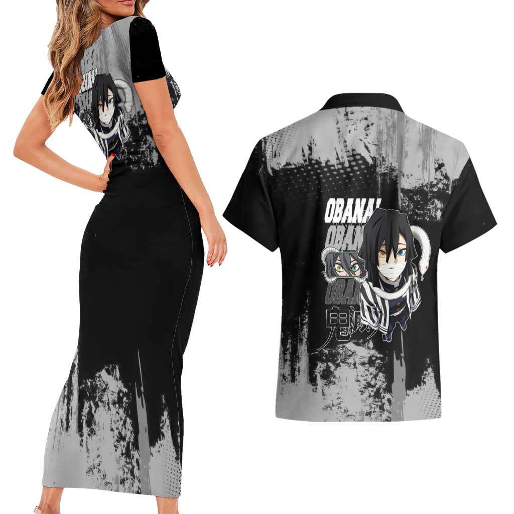 Obanai Iguro Demon Slayer Monochrome Couples Matching Short Sleeve Bodycon Dress and Hawaiian Shirt Design with Snake and Grunge Texture - The Mazicc