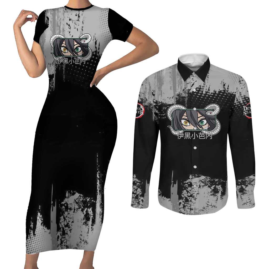 Obanai Iguro Demon Slayer Monochrome Couples Matching Short Sleeve Bodycon Dress and Long Sleeve Button Shirt Design with Snake and Grunge Texture - The Mazicc