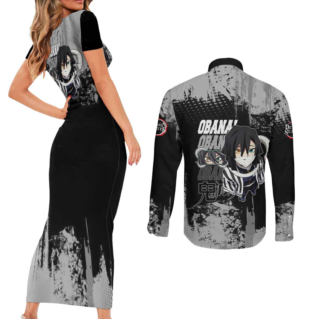 Obanai Iguro Demon Slayer Monochrome Couples Matching Short Sleeve Bodycon Dress and Long Sleeve Button Shirt Design with Snake and Grunge Texture - The Mazicc