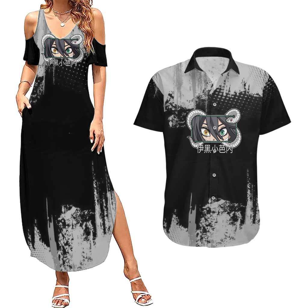Obanai Iguro Demon Slayer Monochrome Couples Matching Summer Maxi Dress and Hawaiian Shirt Design with Snake and Grunge Texture - The Mazicc