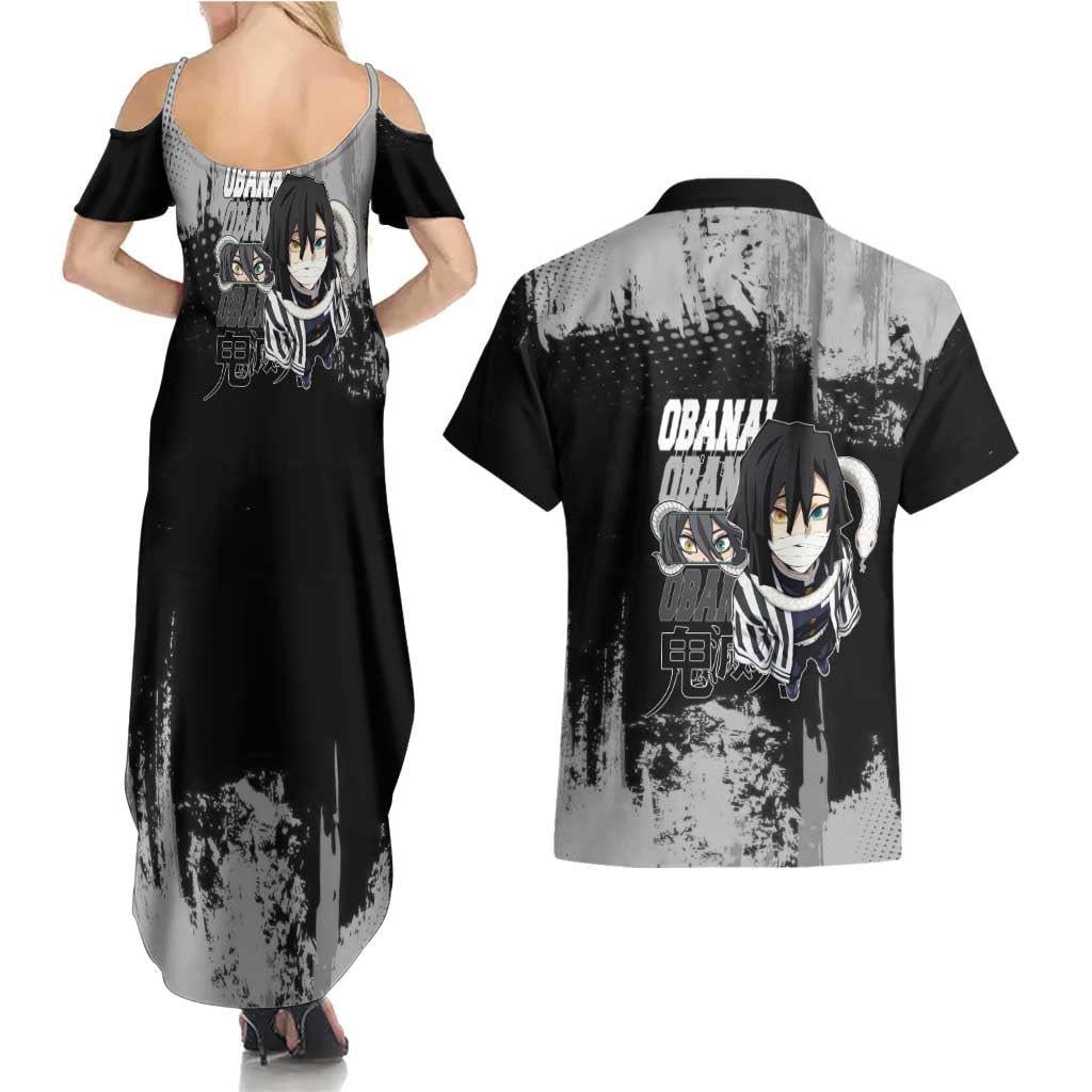 Obanai Iguro Demon Slayer Monochrome Couples Matching Summer Maxi Dress and Hawaiian Shirt Design with Snake and Grunge Texture - The Mazicc