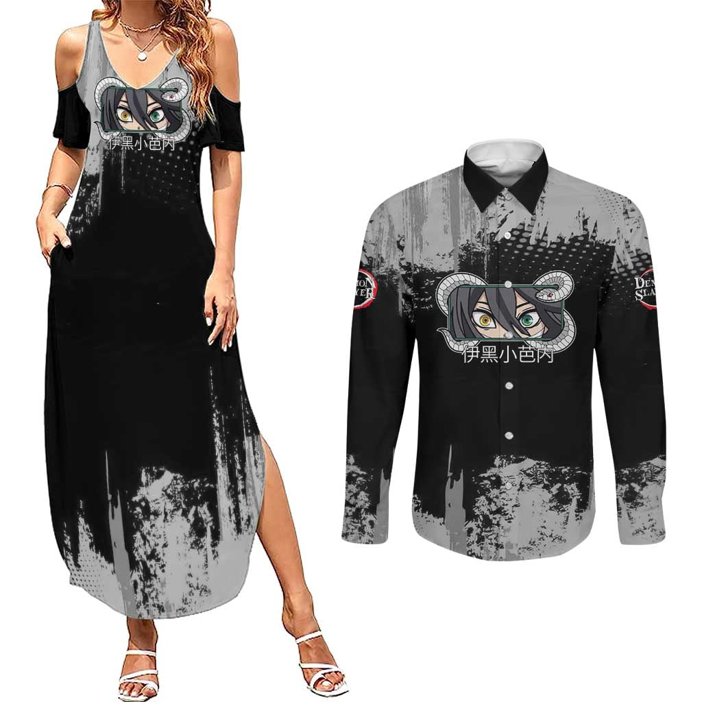 Obanai Iguro Demon Slayer Monochrome Couples Matching Summer Maxi Dress and Long Sleeve Button Shirt Design with Snake and Grunge Texture - The Mazicc