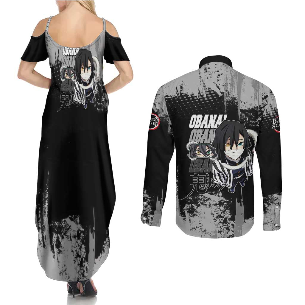 Obanai Iguro Demon Slayer Monochrome Couples Matching Summer Maxi Dress and Long Sleeve Button Shirt Design with Snake and Grunge Texture - The Mazicc