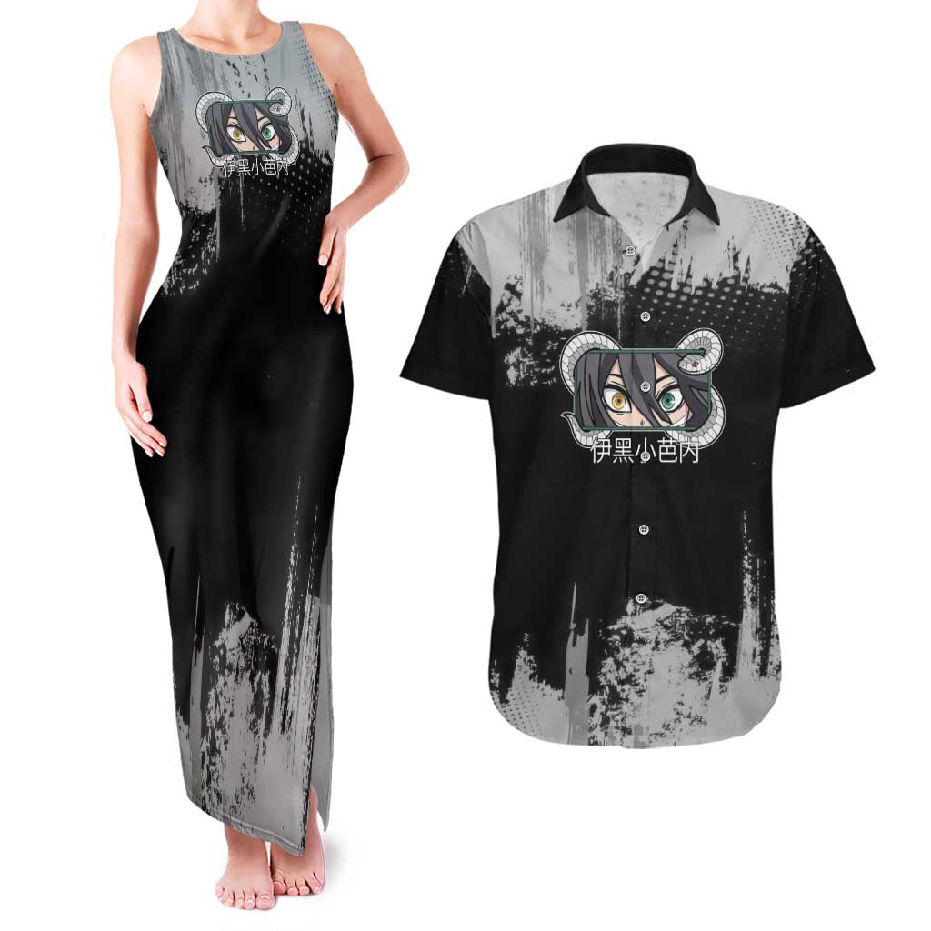 Obanai Iguro Demon Slayer Monochrome Couples Matching Tank Maxi Dress and Hawaiian Shirt Design with Snake and Grunge Texture - The Mazicc