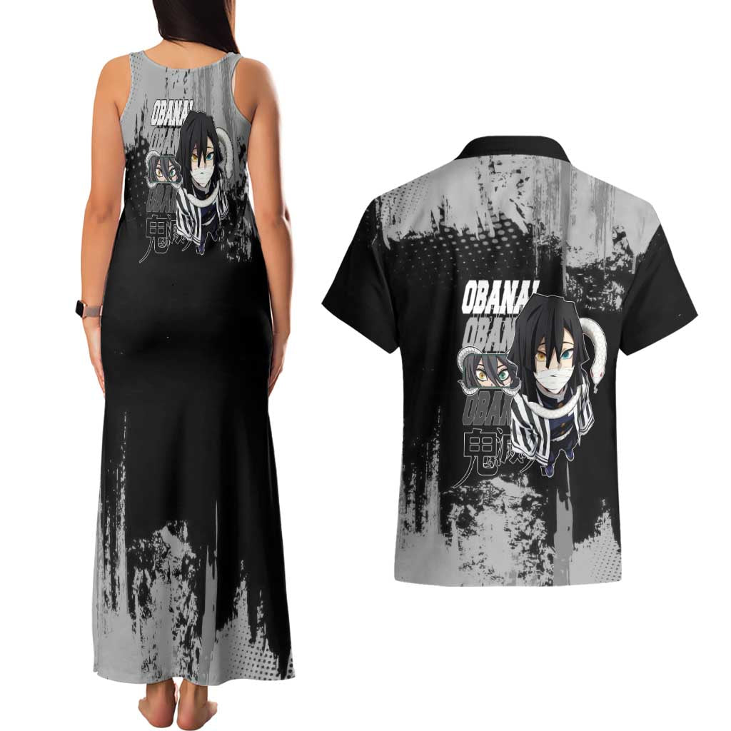 Obanai Iguro Demon Slayer Monochrome Couples Matching Tank Maxi Dress and Hawaiian Shirt Design with Snake and Grunge Texture - The Mazicc