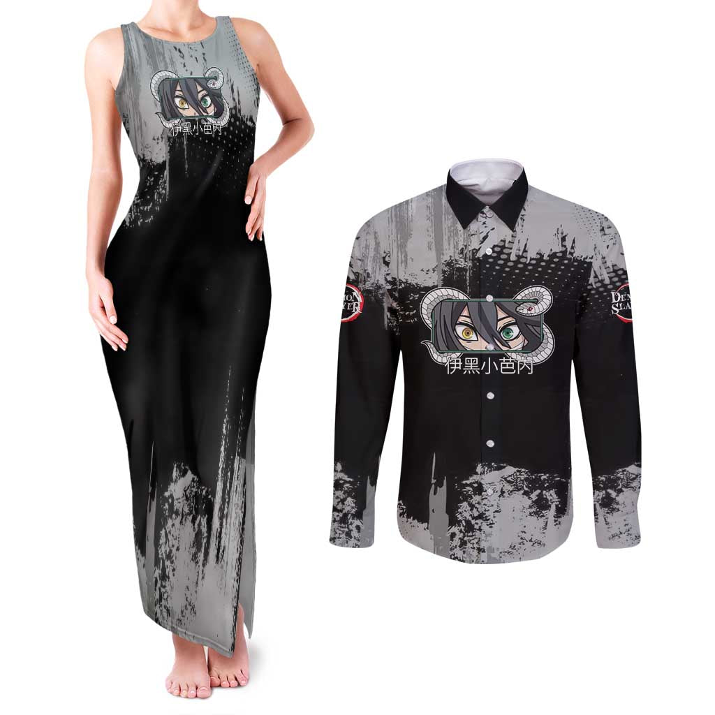 Obanai Iguro Demon Slayer Monochrome Couples Matching Tank Maxi Dress and Long Sleeve Button Shirt Design with Snake and Grunge Texture - The Mazicc