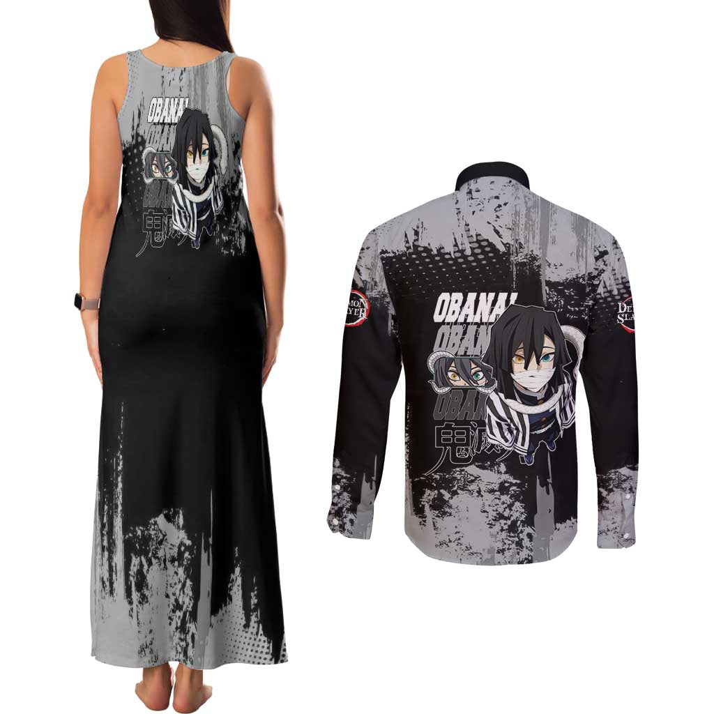 Obanai Iguro Demon Slayer Monochrome Couples Matching Tank Maxi Dress and Long Sleeve Button Shirt Design with Snake and Grunge Texture - The Mazicc